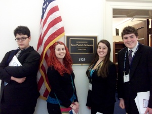 Isaac H-W (Left), Danielle B., Rachel M., and Noah C. Outside Representative Sean Maloney's House Office in Washington, DC.